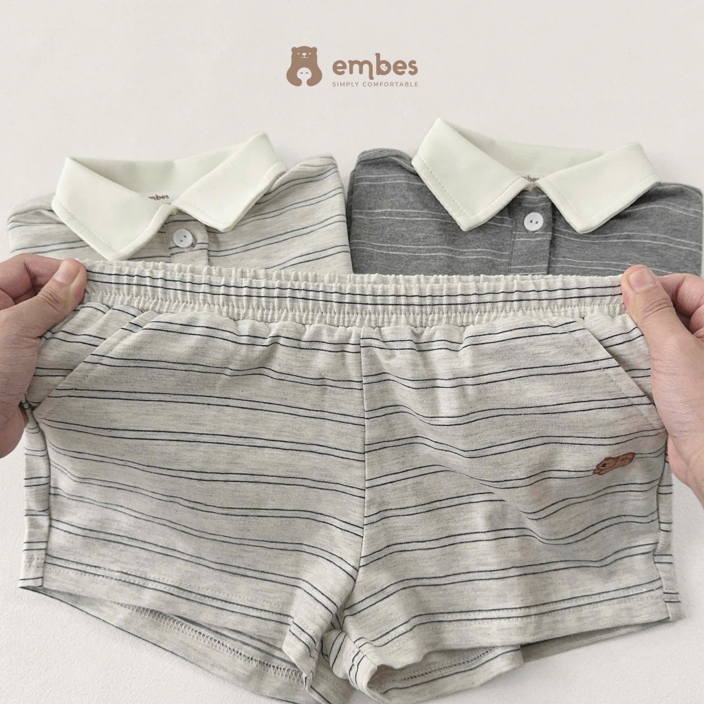 Bộ Cộc Bé Trai Embes, Bộ Polo Cộc Tay Họa Tiết Kẻ Ngang Thêu Hình Chất Cotton Cho Bé Trai Từ 8-17Kg