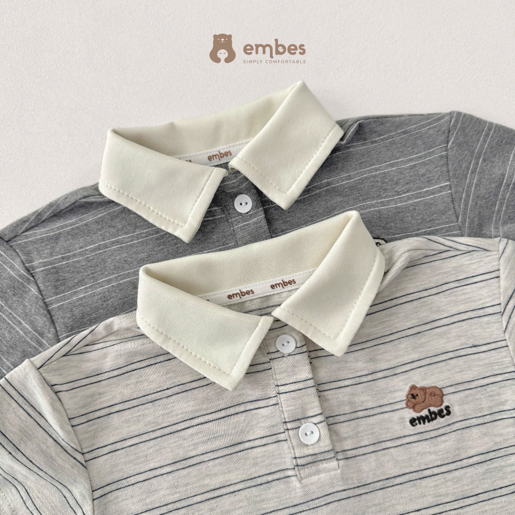 Bộ Cộc Bé Trai Embes, Bộ Polo Cộc Tay Họa Tiết Kẻ Ngang Thêu Hình Chất Cotton Cho Bé Trai Từ 8-17Kg