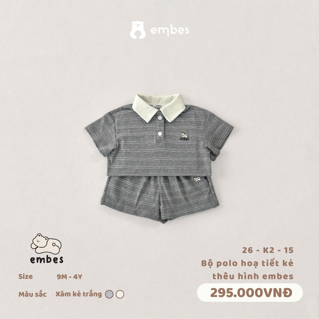 Bộ Cộc Bé Trai Embes, Bộ Polo Cộc Tay Họa Tiết Kẻ Ngang Thêu Hình Chất Cotton Cho Bé Trai Từ 8-17Kg