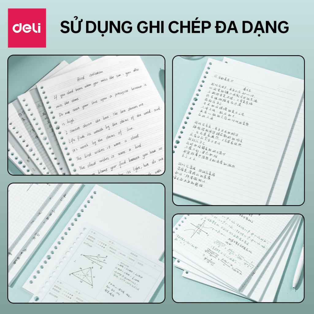 Giấy Refill Ruột Sổ Còng Deli A5/B5 Thay Thế Tiện Lợi (Tập 60 Tờ) - Giấy Trơn, Kẻ Ngang, Caro Ghi Chú, Học Từ Vựng,70gsm