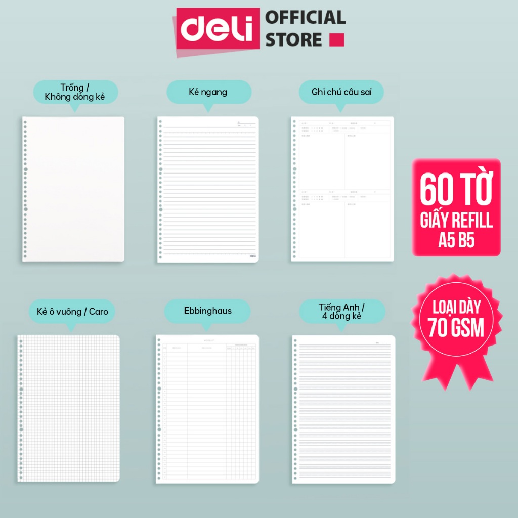 Giấy Refill Ruột Sổ Còng Deli A5/B5 Thay Thế Tiện Lợi (Tập 60 Tờ) - Giấy Trơn, Kẻ Ngang, Caro Ghi Chú, Học Từ Vựng,70gsm