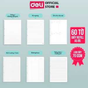 Giấy Refill Ruột Sổ Còng Deli A5/B5 Thay Thế Tiện Lợi (Tập 60 Tờ) - Giấy Trơn, Kẻ Ngang, Caro Ghi Chú, Học Từ Vựng,70gsm