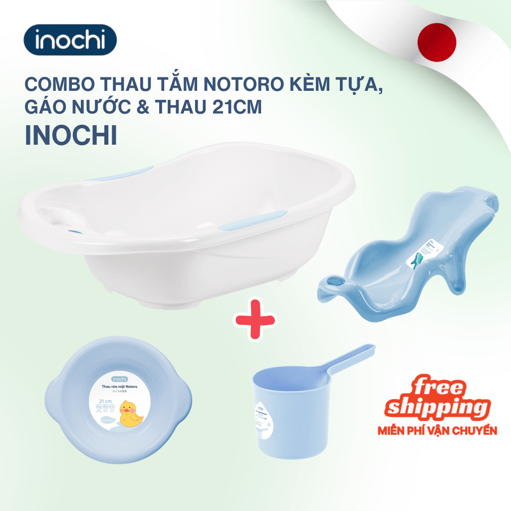 COMBO Chậu tắm cho bé sơ sinh Notoro Inochi 120L lớn tặng kèm tựa tắm, thau rửa mặt 21cm, gáo nước