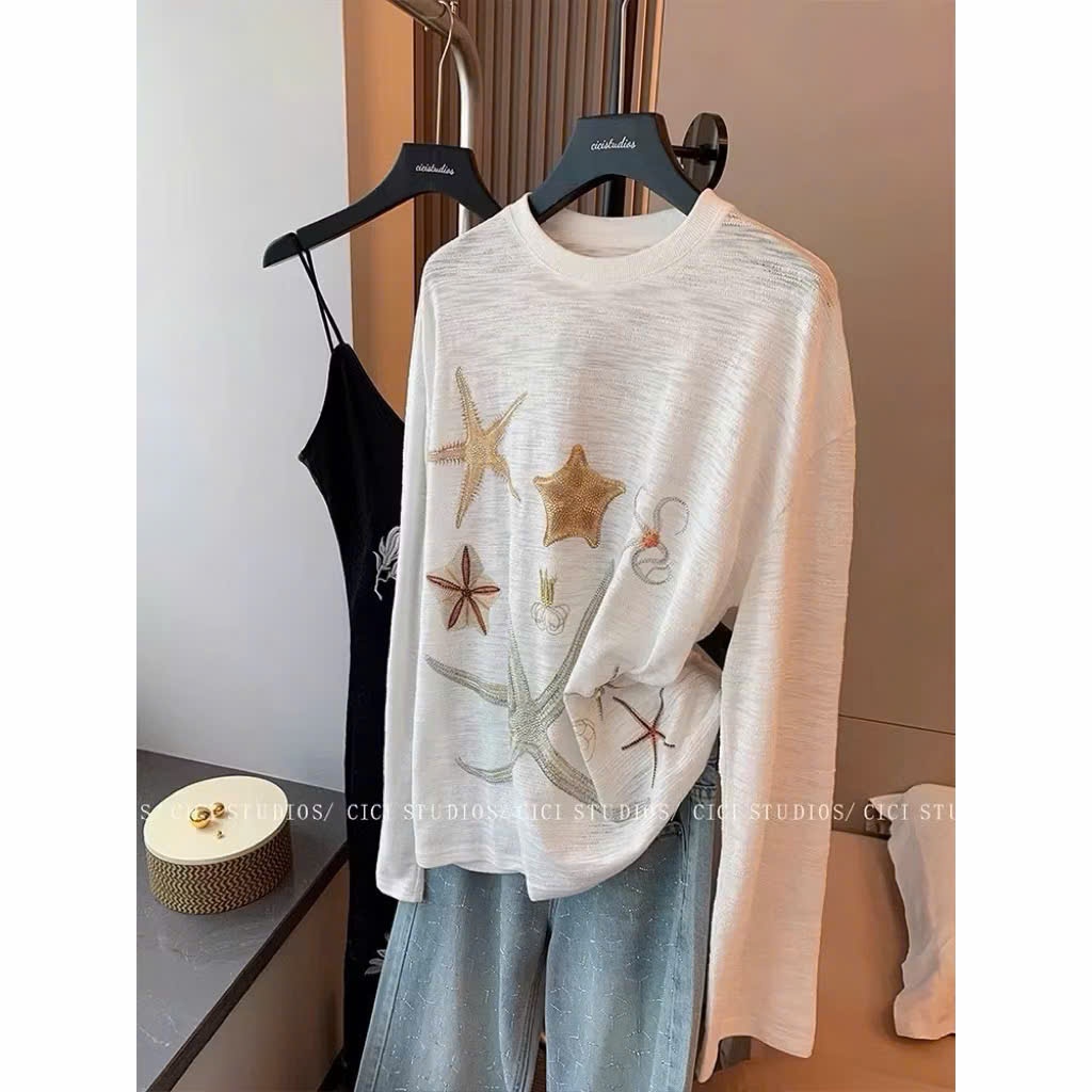 Áo dài tay xượt Trắng in hình Sao Biển mặc hè, mặc đi chơi siêu xinh JULY FASHION, Áo thun nữ tay dài chất xượt mềm mịn