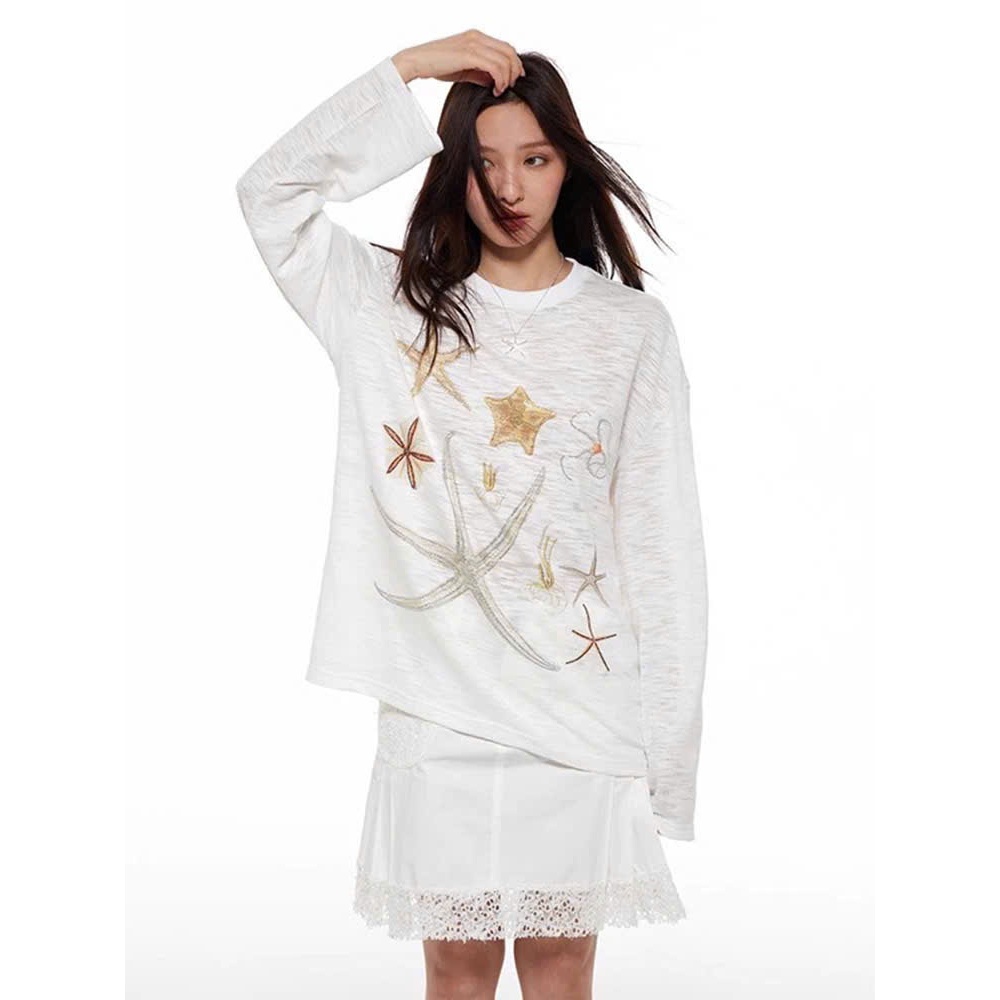 Áo dài tay xượt Trắng in hình Sao Biển mặc hè, mặc đi chơi siêu xinh JULY FASHION, Áo thun nữ tay dài chất xượt mềm mịn