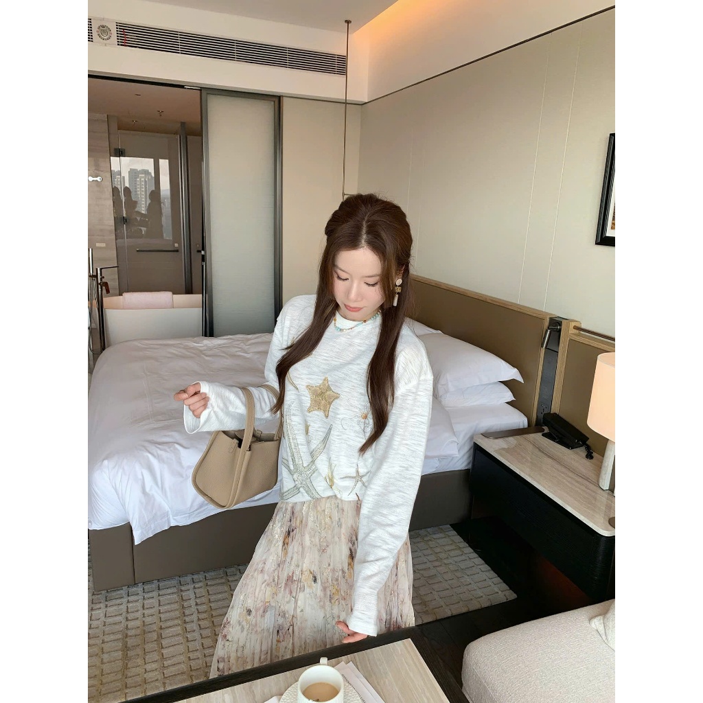 Áo dài tay xượt Trắng in hình Sao Biển mặc hè, mặc đi chơi siêu xinh JULY FASHION, Áo thun nữ tay dài chất xượt mềm mịn