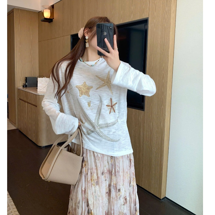 Áo dài tay xượt Trắng in hình Sao Biển mặc hè, mặc đi chơi siêu xinh JULY FASHION, Áo thun nữ tay dài chất xượt mềm mịn