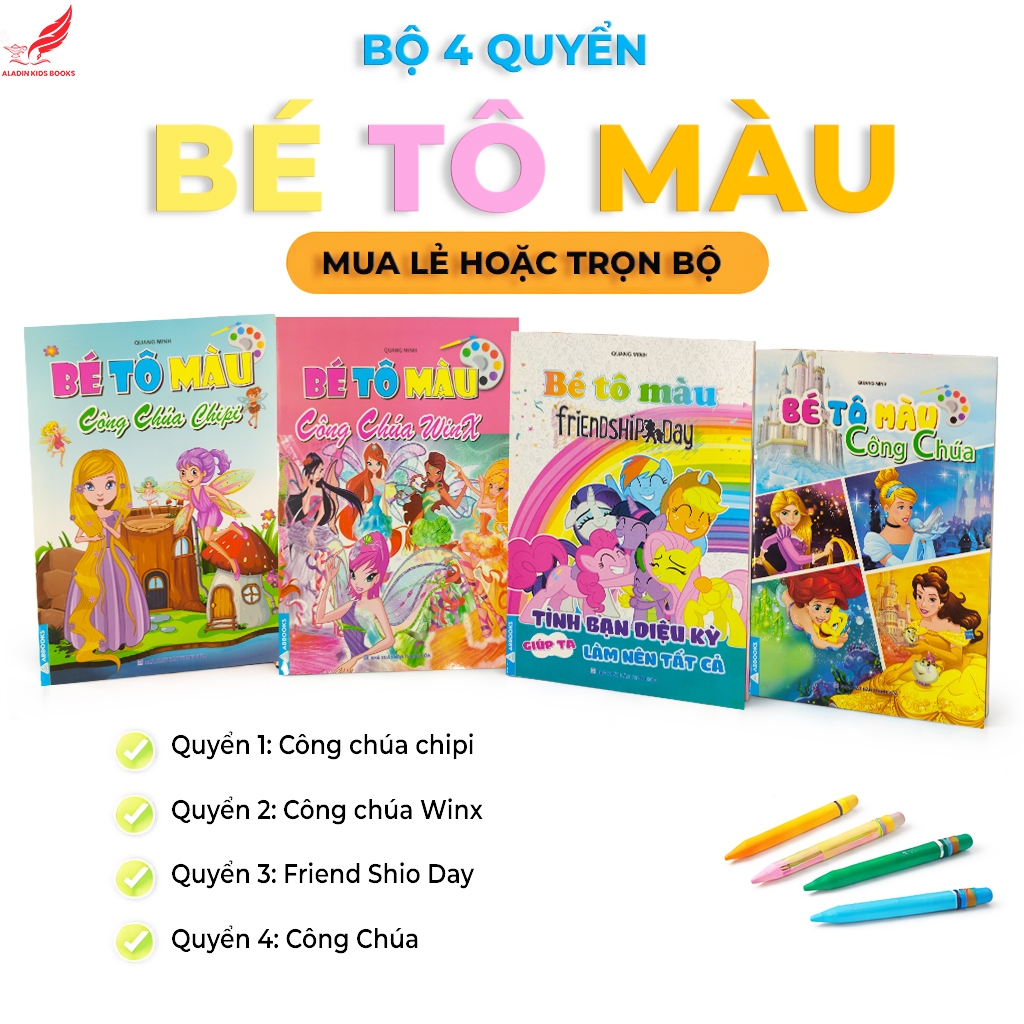 Sách- Bộ 4 quyển sách tô màu Bé Tô Màu – Công Chúa, Công Chúa Chipi, WinX, Friendship Day