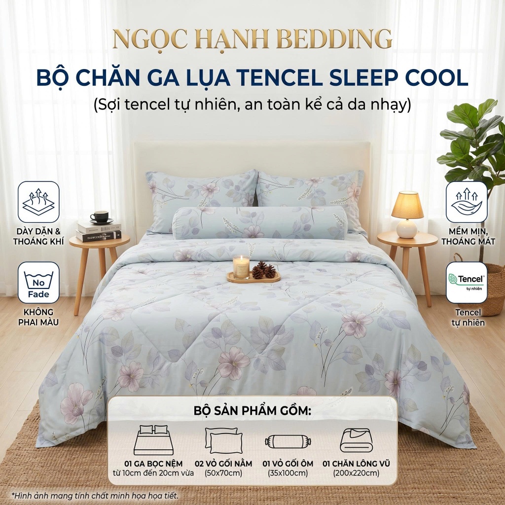 Bộ Ga Lụa Tencel MỀM MẠI, THOÁNG MÁT, Tencel Sleep Cool nệm 10cm đến 20cm - Ngọc Hạnh Bedding