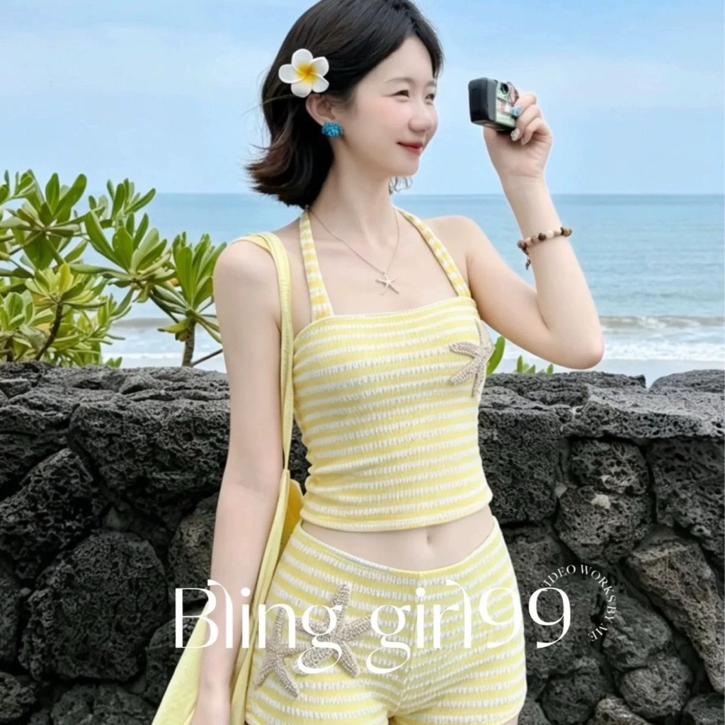 (Có săn)Set BiKiNi 2 Mảnh Màu Vàng Buộc Dây Cổ Kèm Sao Biển(From bé cần tăng size)❤️