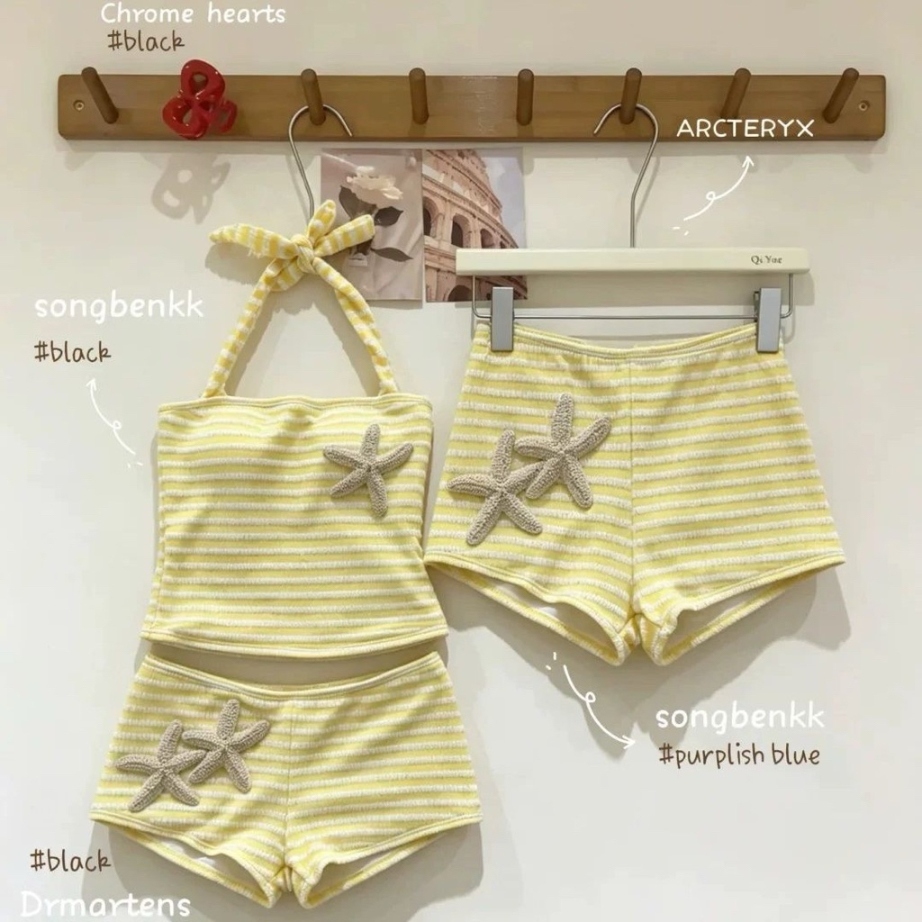 (Có săn)Set BiKiNi 2 Mảnh Màu Vàng Buộc Dây Cổ Kèm Sao Biển(From bé cần tăng size)❤️