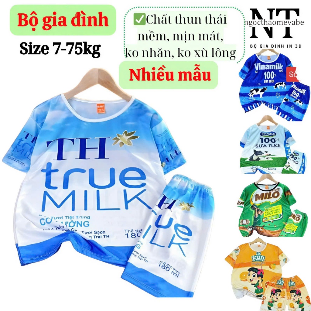 Đồ Bộ Thun mẫu SỮA TH, Miloo cho Mẹ Và Bé In 3D 2 Mặt 7-75kg - Mềm Mịn Mát, Không Nhăn/Xù Lông/Bay Màu