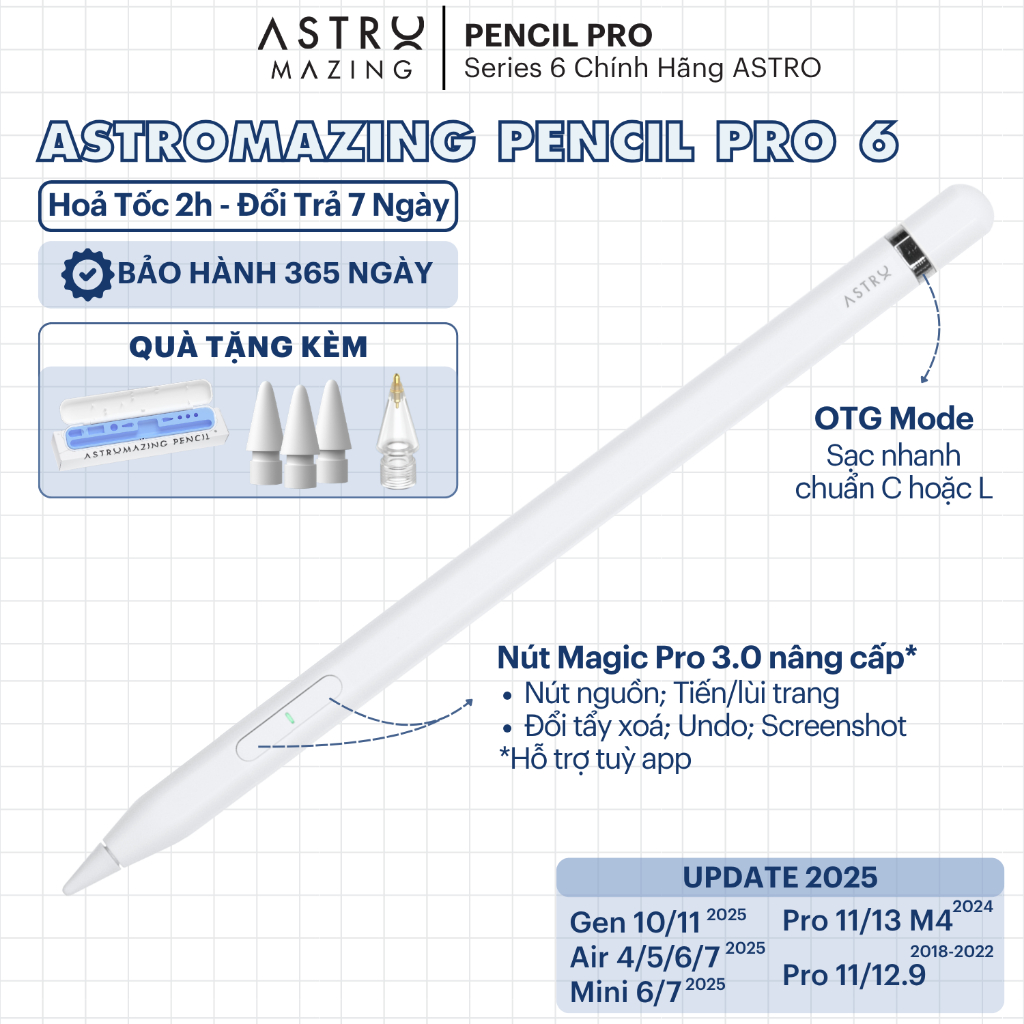 [Astro Pencil Pro] Bút Stylus AstroMazing Pencil Pro 6 chống chạm nhầm vẽ nét thanh đậm cho iPad