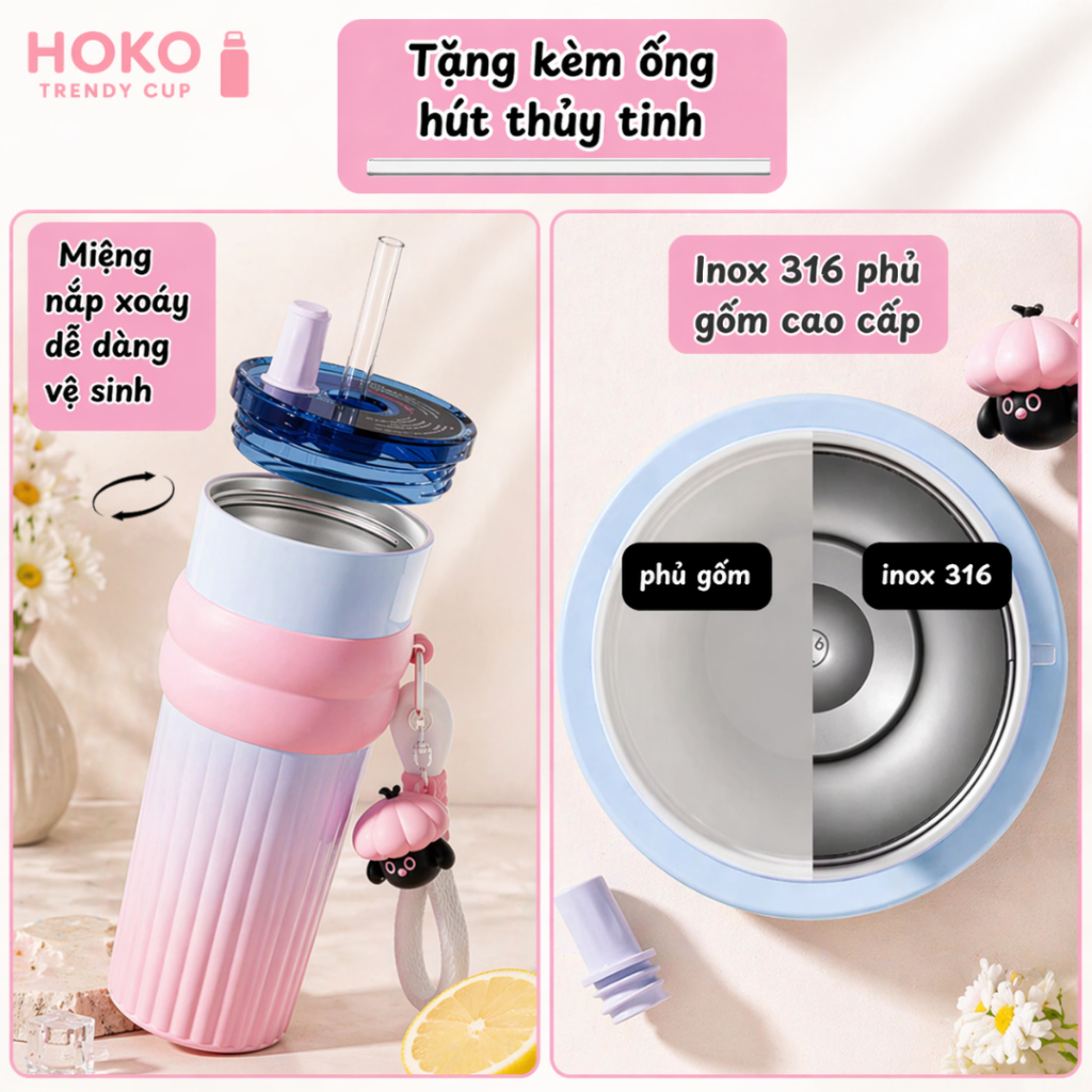 Bình giữ nhiệt Fun phủ gốm ống hút thủy tinh 700ml giữ nhiệt nóng lạnh miễn phí khắc tên