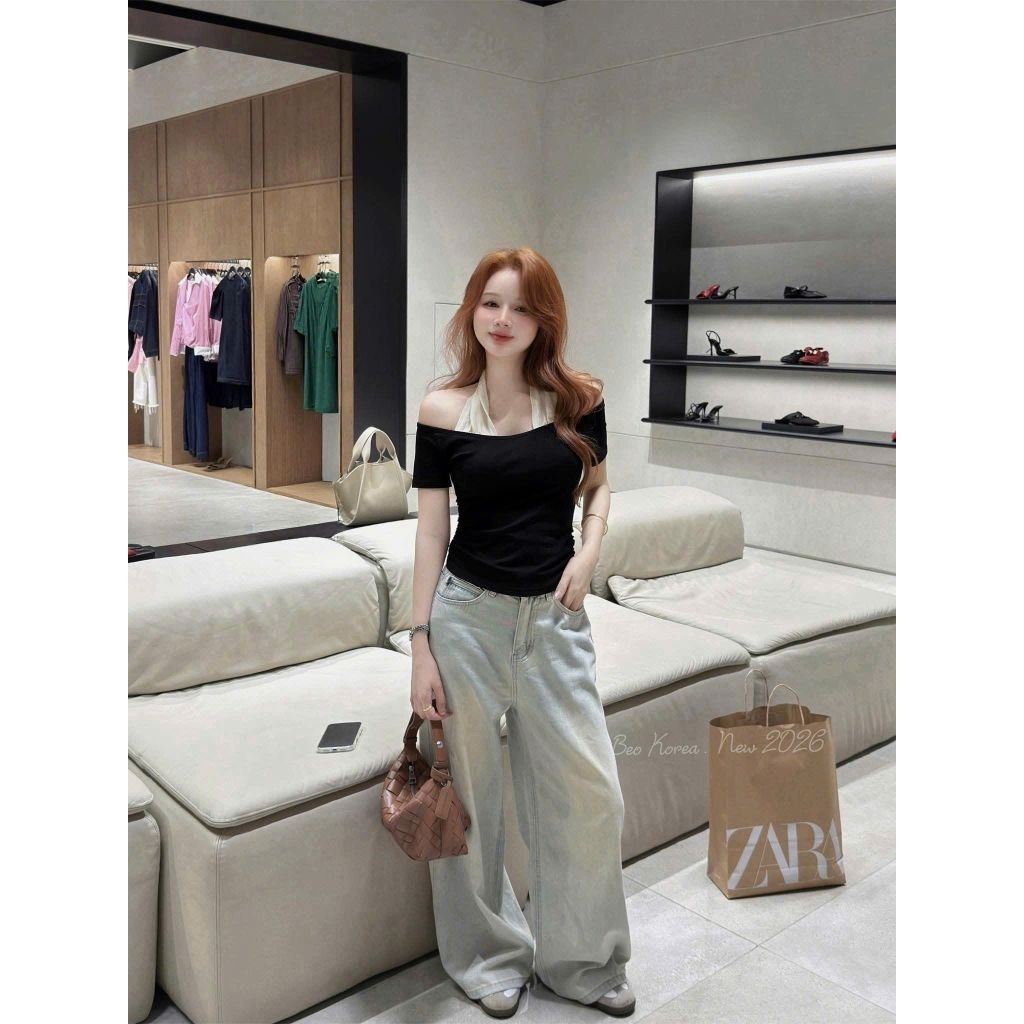 [𝑯𝒂 𝑨𝒏𝒉] Áo Ngang Vai Phối Ren Cổ QCL1