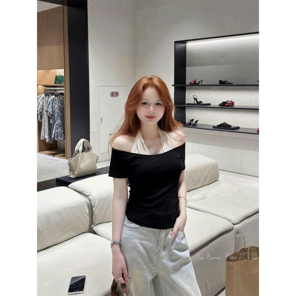[𝑯𝒂 𝑨𝒏𝒉] Áo Ngang Vai Phối Ren Cổ QCL1