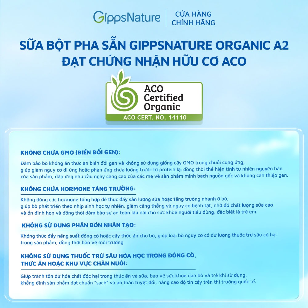 Combo 2 Thùng 24 hộp Sữa bột pha sẵn  GippsNature Đạm A2 Beta-Casein Organic hộp 110ml
