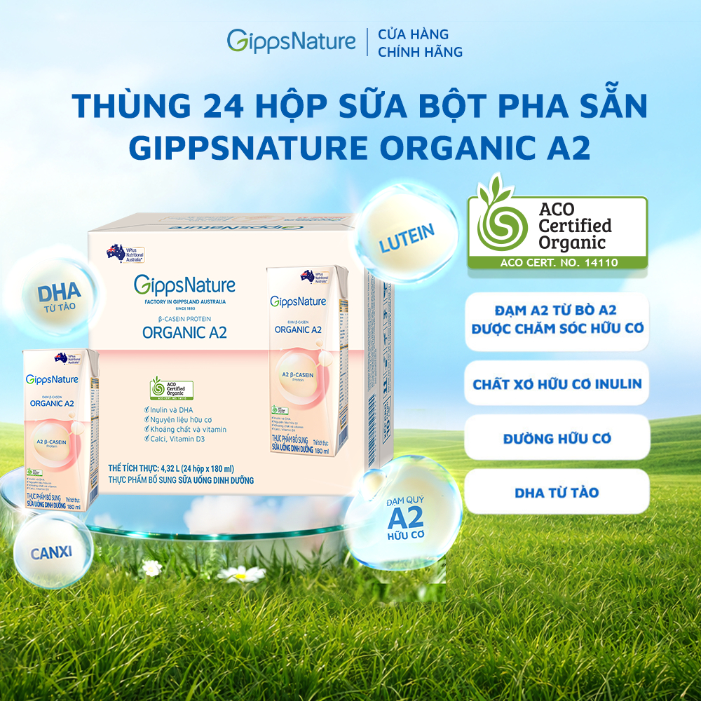 Combo 2 Thùng 24 hộp Sữa bột pha sẵn GippsNature Đạm A2 Beta-Casein Organic hộp 180ml