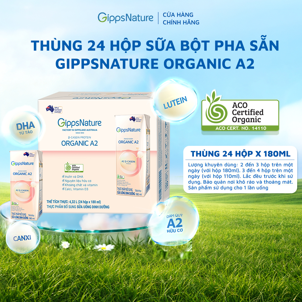 Combo 2 Thùng 24 hộp Sữa bột pha sẵn GippsNature Đạm A2 Beta-Casein Organic hộp 180ml
