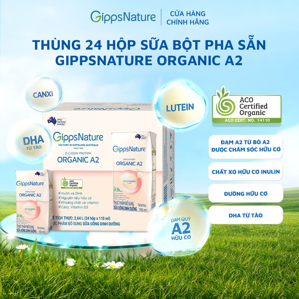 Combo 2 Thùng 24 hộp Sữa bột pha sẵn  GippsNature Đạm A2 Beta-Casein Organic hộp 110ml