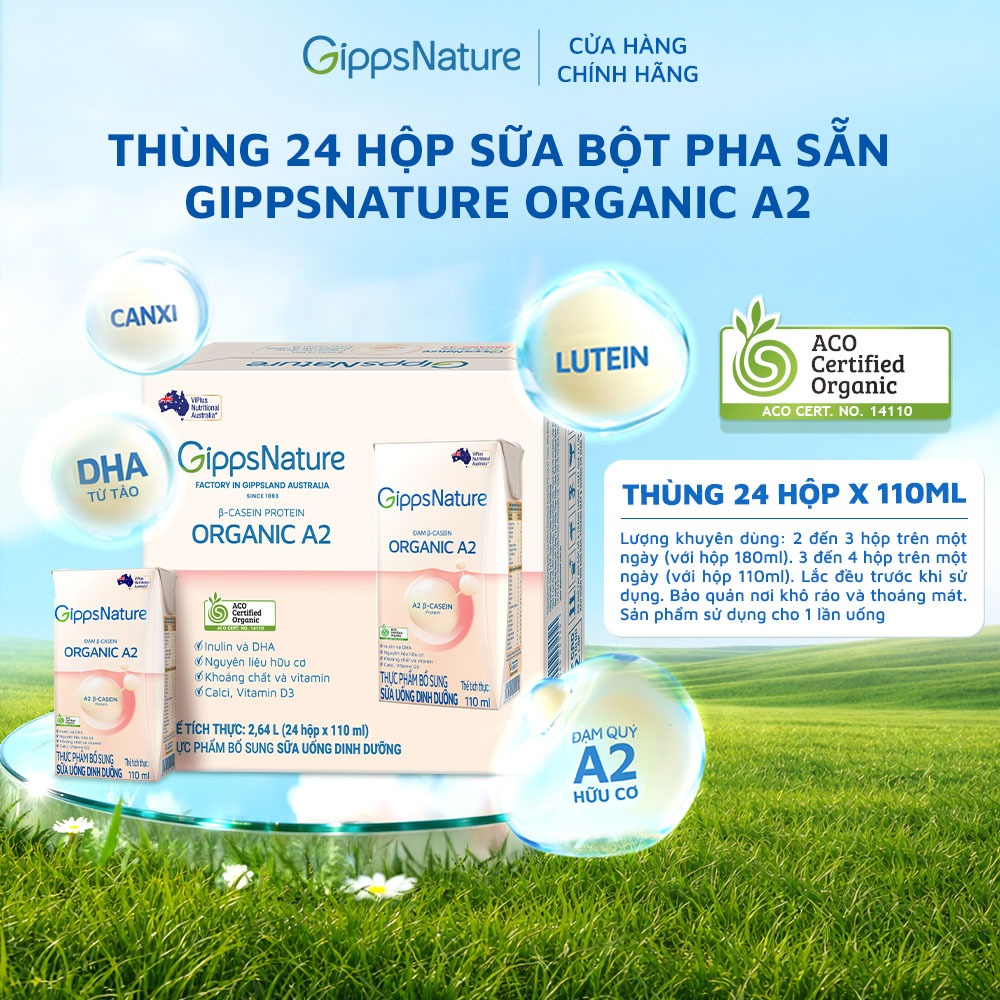 Combo 2 Thùng 24 hộp Sữa bột pha sẵn  GippsNature Đạm A2 Beta-Casein Organic hộp 110ml