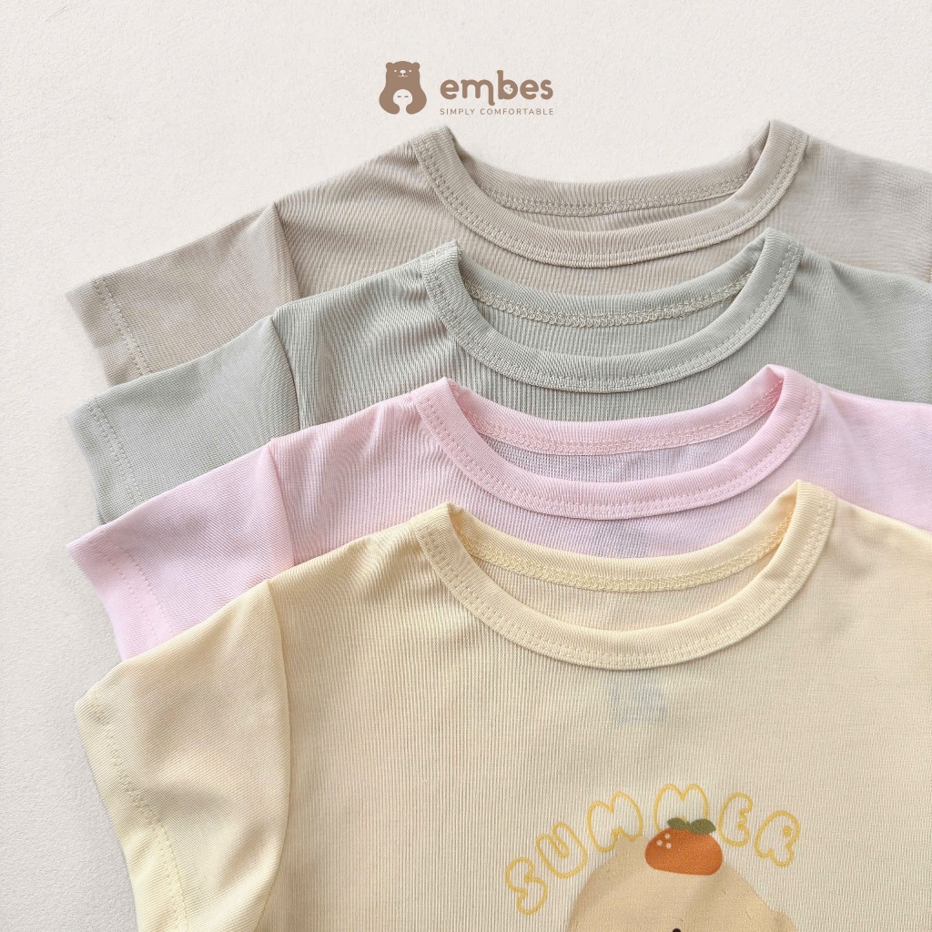 Bộ Cộc Cho Bé Embes, Bộ Cộc Tay In Hình Phối Quần Kẻ Chất Cotton Mềm Cho Bé Trai Bé Gái Từ 8-17Kg