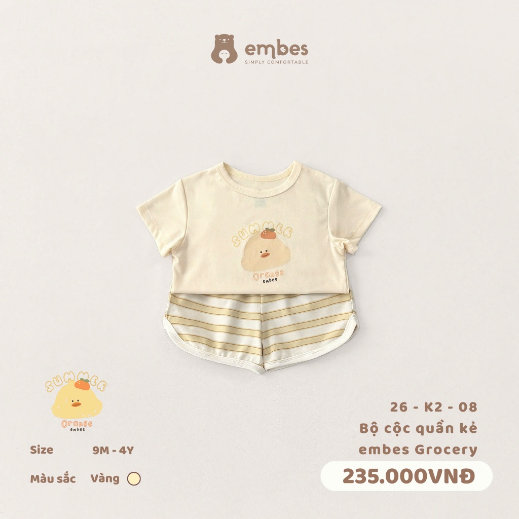 Bộ Cộc Cho Bé Embes, Bộ Cộc Tay In Hình Phối Quần Kẻ Chất Cotton Mềm Cho Bé Trai Bé Gái Từ 8-17Kg