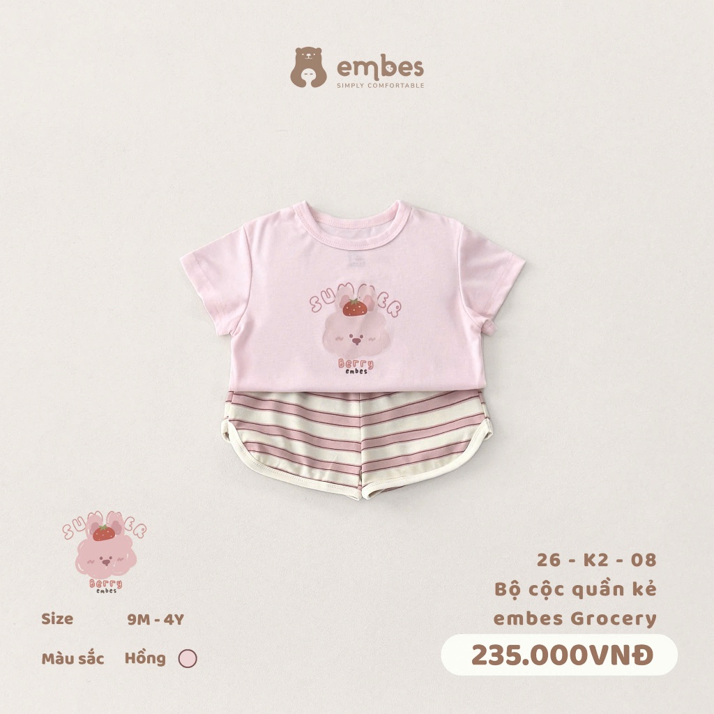 Bộ Cộc Cho Bé Embes, Bộ Cộc Tay In Hình Phối Quần Kẻ Chất Cotton Mềm Cho Bé Trai Bé Gái Từ 8-17Kg
