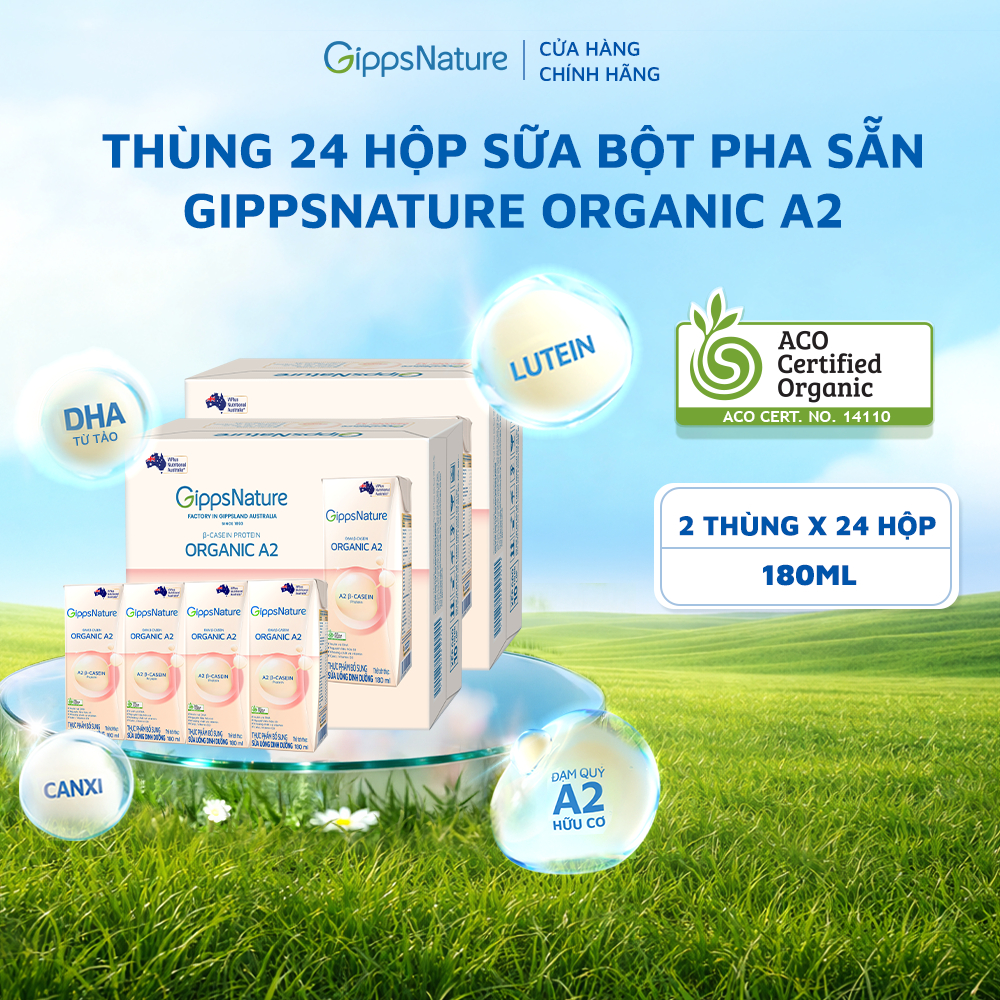 Combo 2 Thùng 24 hộp Sữa bột pha sẵn GippsNature Đạm A2 Beta-Casein Organic hộp 180ml