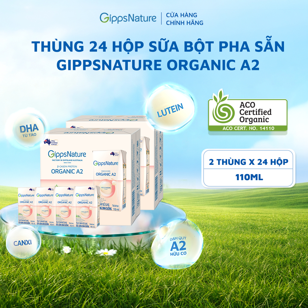 Combo 2 Thùng 24 hộp Sữa bột pha sẵn  GippsNature Đạm A2 Beta-Casein Organic hộp 110ml