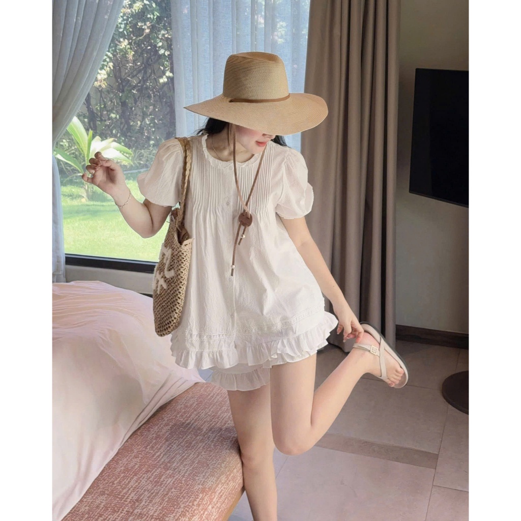 Set Đồ Nữ - Set Đồ Đi Chơi Đi Biển Dáng Hàn Tay Bồng Dáng Xòe Phối Quần Xếp Ly Nhẹ Nhàng Xinh Mê