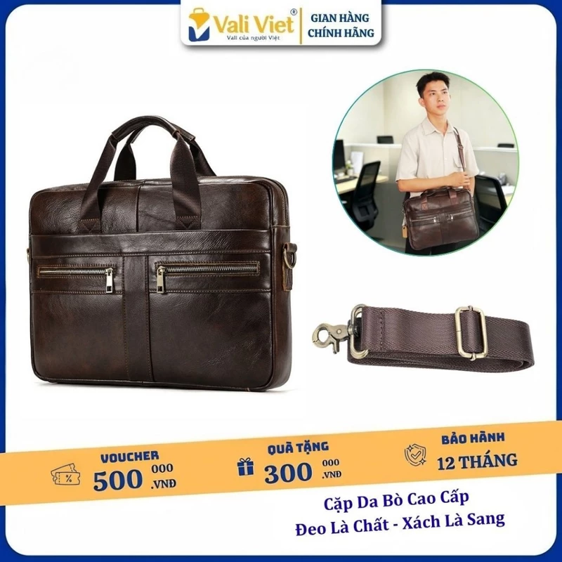 Cặp Da Nam Cao Cấp Cặp Da Thật Nam Chống Thấm Bền Đẹp Đi Làm Đựng Laptop Tài Liệu Bảo Hành 1 Năm — ảnh 1