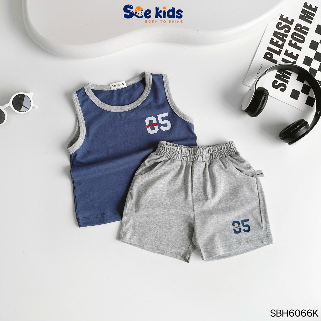 Bộ ba lỗ cotton mềm mát, bộ thun ba lỗ hoạ tiết số thể thao khoẻ khoắn bé trai