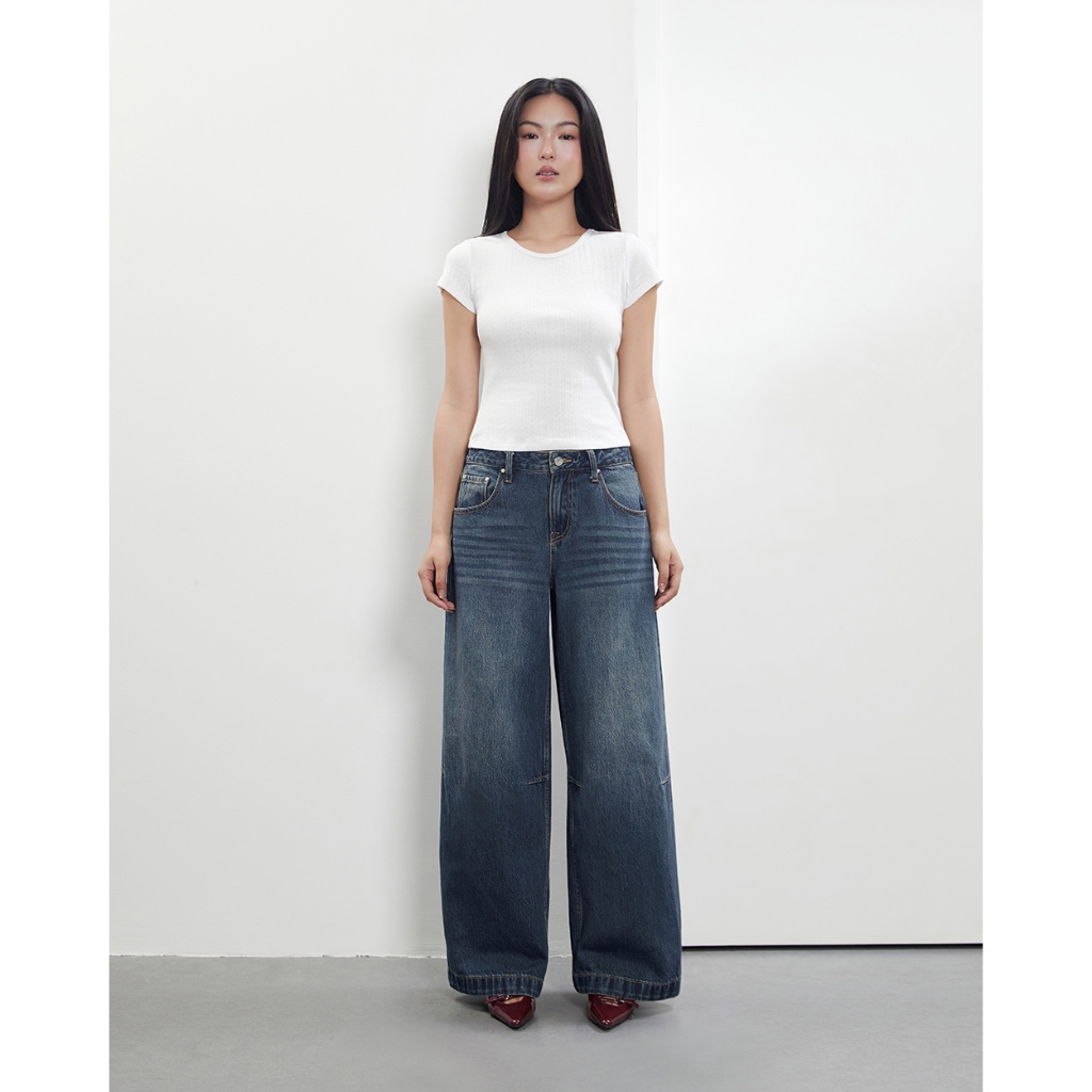 TheBlueTshirt - Quần baggy jeans nữ cạp thấp ống rộng wash cá tính - Rockstar Jeans