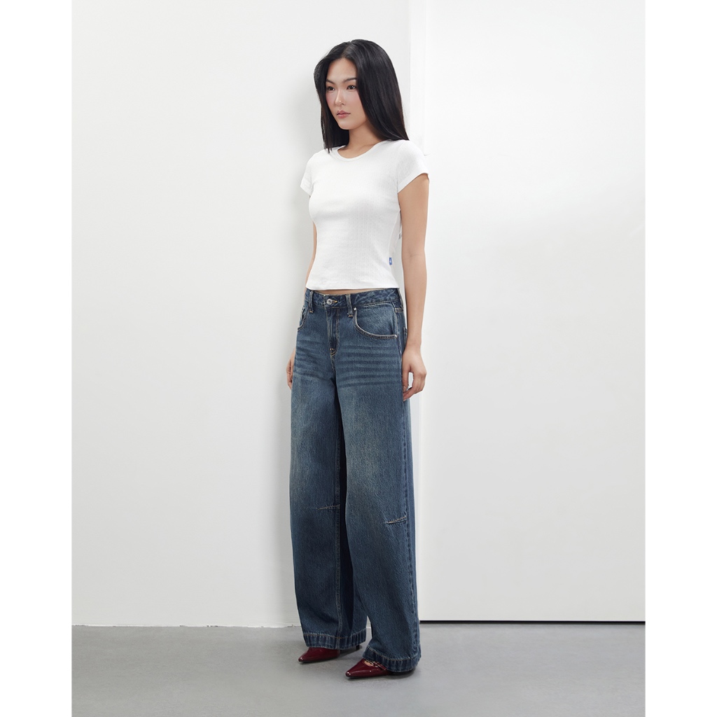 TheBlueTshirt - Quần baggy jeans nữ cạp thấp ống rộng wash cá tính - Rockstar Jeans