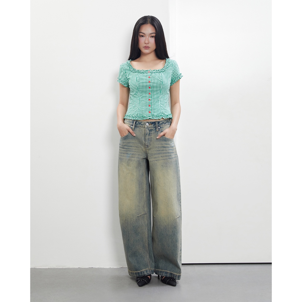 TheBlueTshirt - Quần baggy jeans nữ cạp thấp ống rộng wash cá tính - Rockstar Jeans