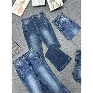 Quần Jeans Nữ Ống Loe Dài Thêu Viền thời Trang Co giãn