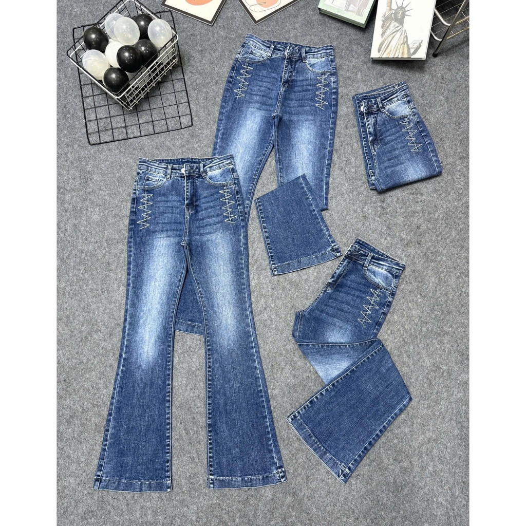 Quần Jeans Nữ Ống Loe Dài Thêu Viền thời Trang Co giãn