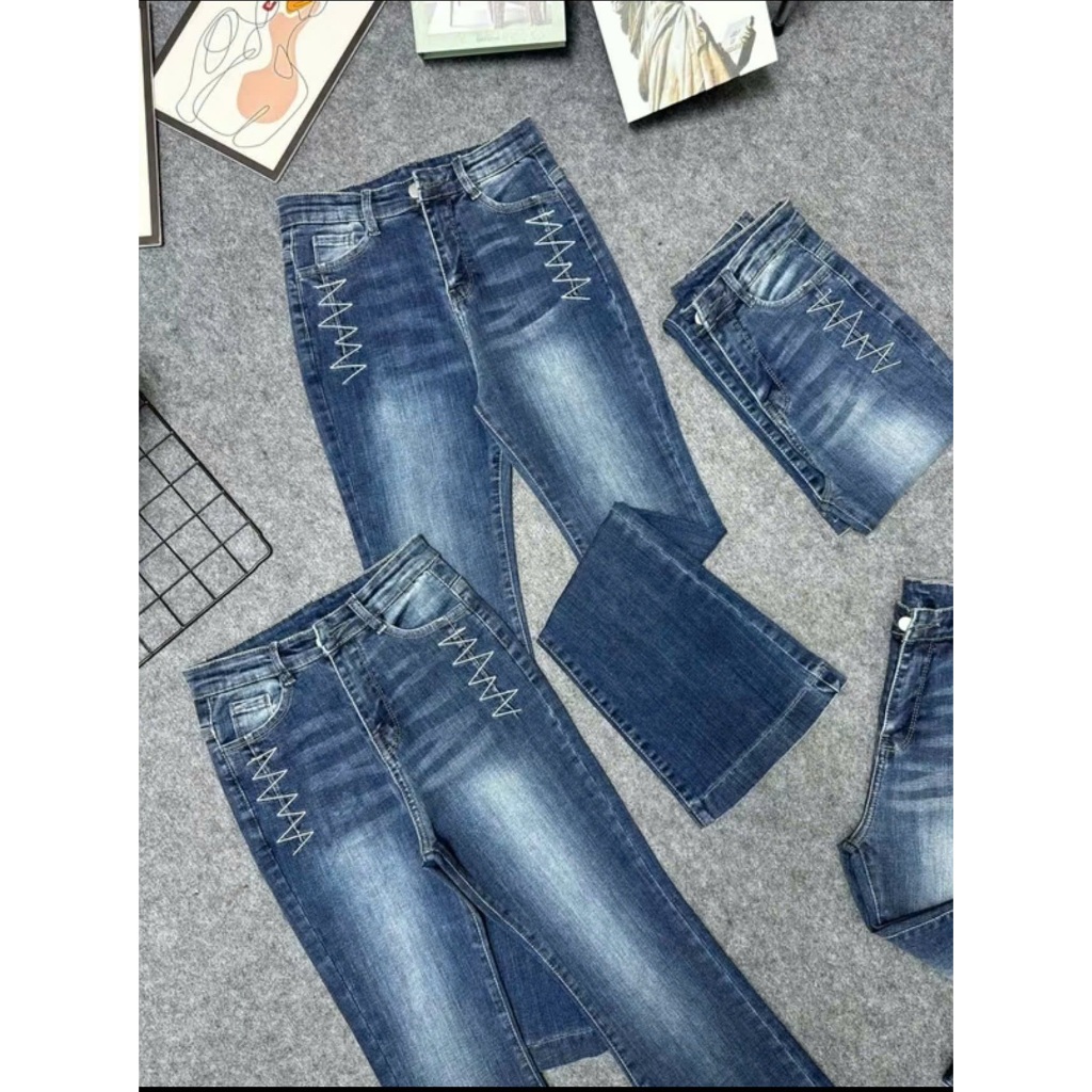 Quần Jeans Nữ Ống Loe Dài Thêu Viền thời Trang Co giãn