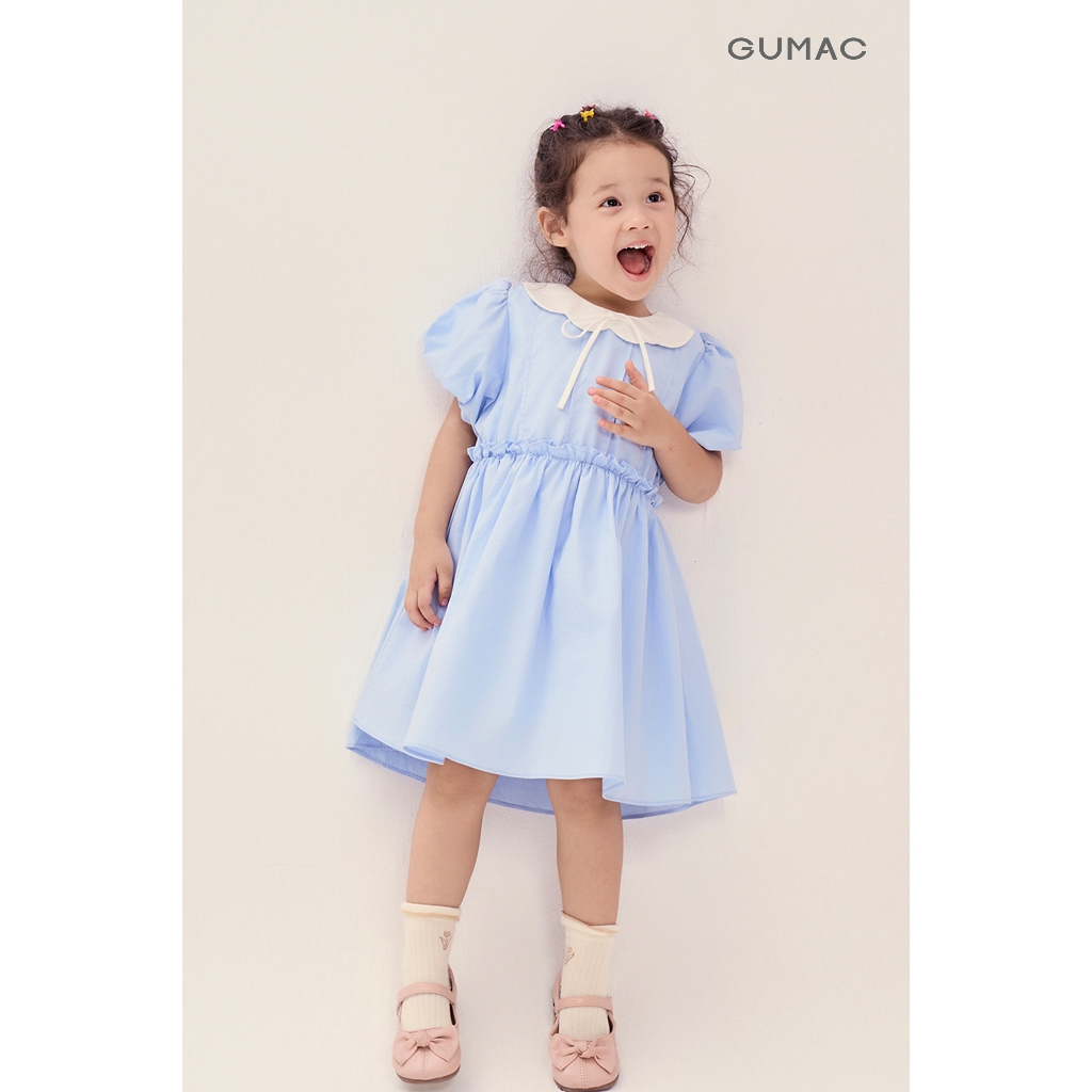 Đầm Bé Gái GUMAC Form A Xòe Tay Bí Cổ Cánh Hoa Vải Kate Mát Dễ Thương DKG04024