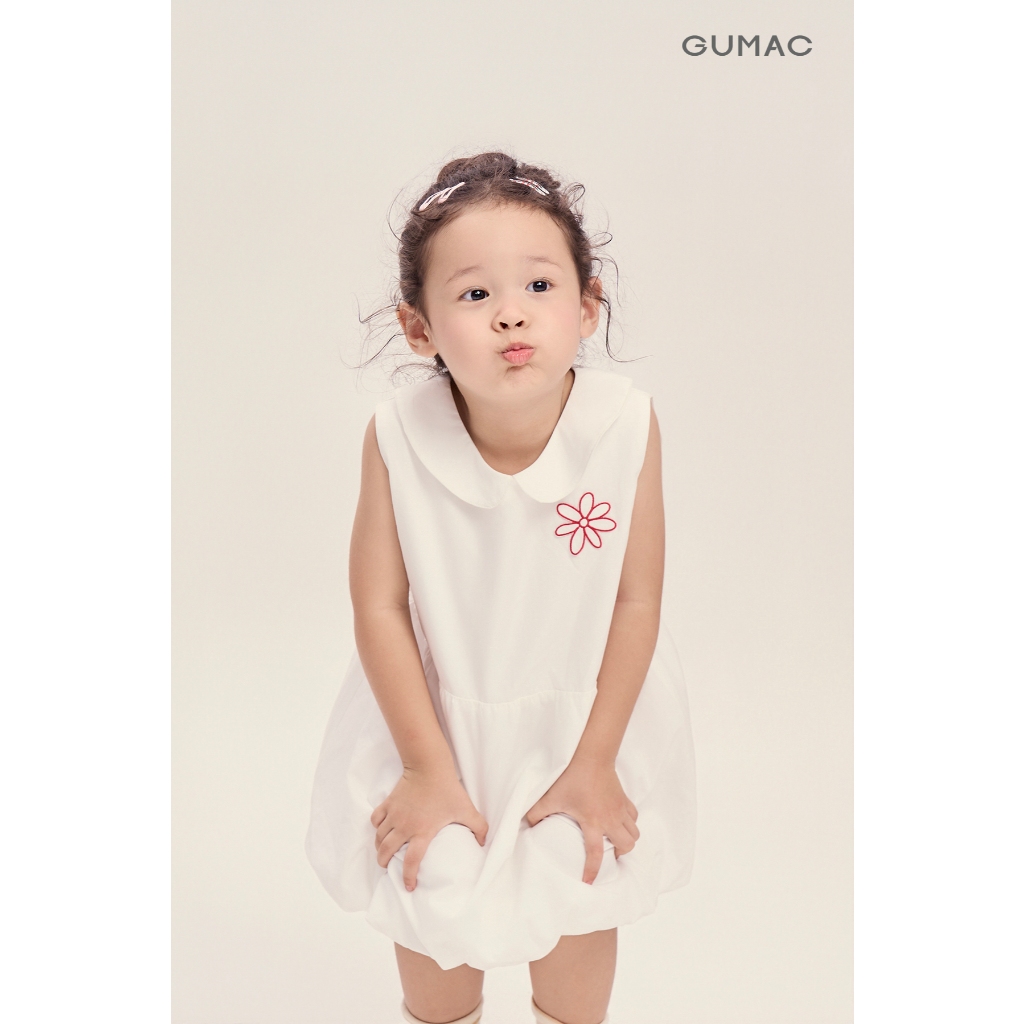 Đầm Bé Gái GUMAC Form Bí Sát Nách Cổ Cánh Sen Thêu Hoa Vải Kate Mềm Mát Nữ Tính DKG04025