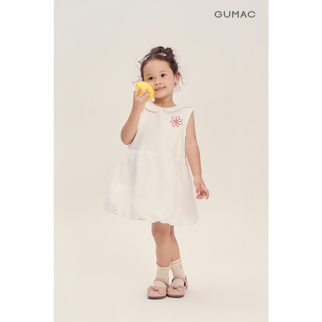 Đầm Bé Gái GUMAC Form Bí Sát Nách Cổ Cánh Sen Thêu Hoa Vải Kate Mềm Mát Nữ Tính DKG04025