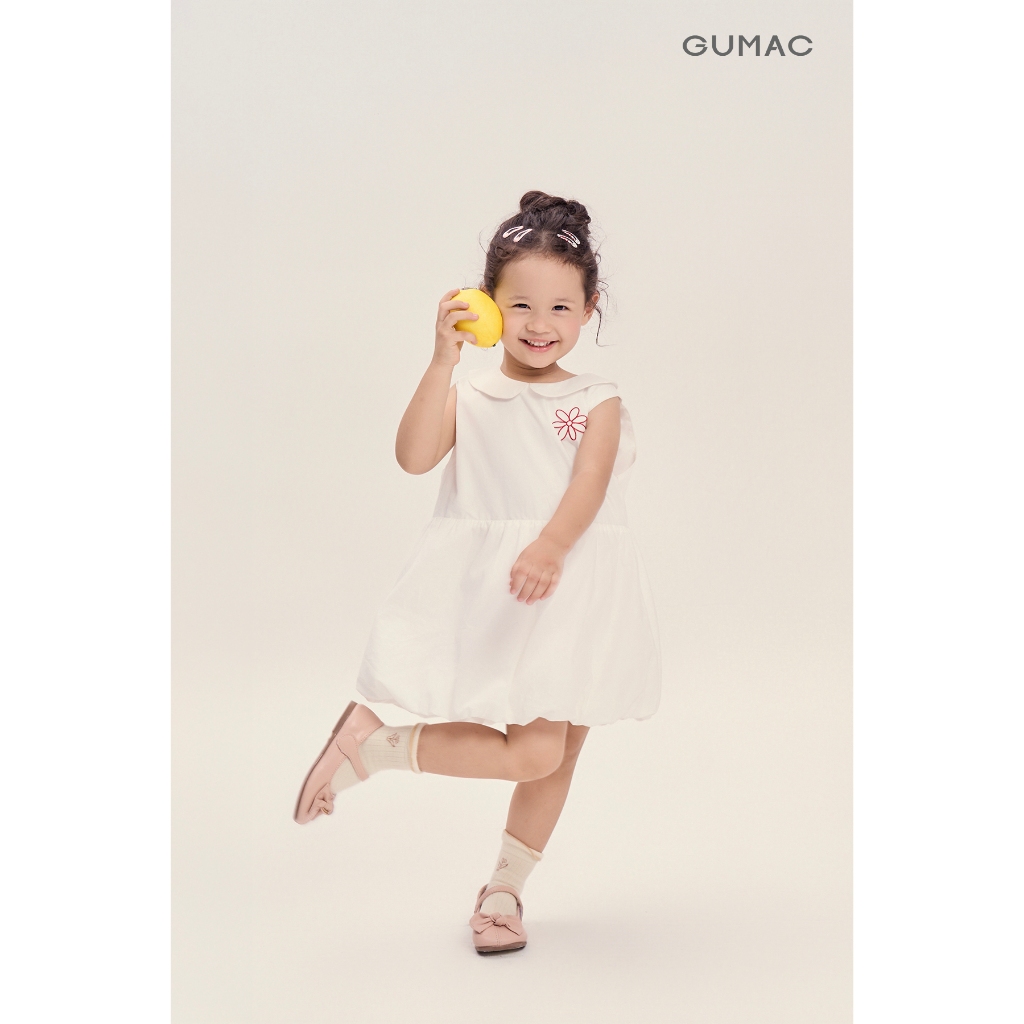Đầm Bé Gái GUMAC Form Bí Sát Nách Cổ Cánh Sen Thêu Hoa Vải Kate Mềm Mát Nữ Tính DKG04025