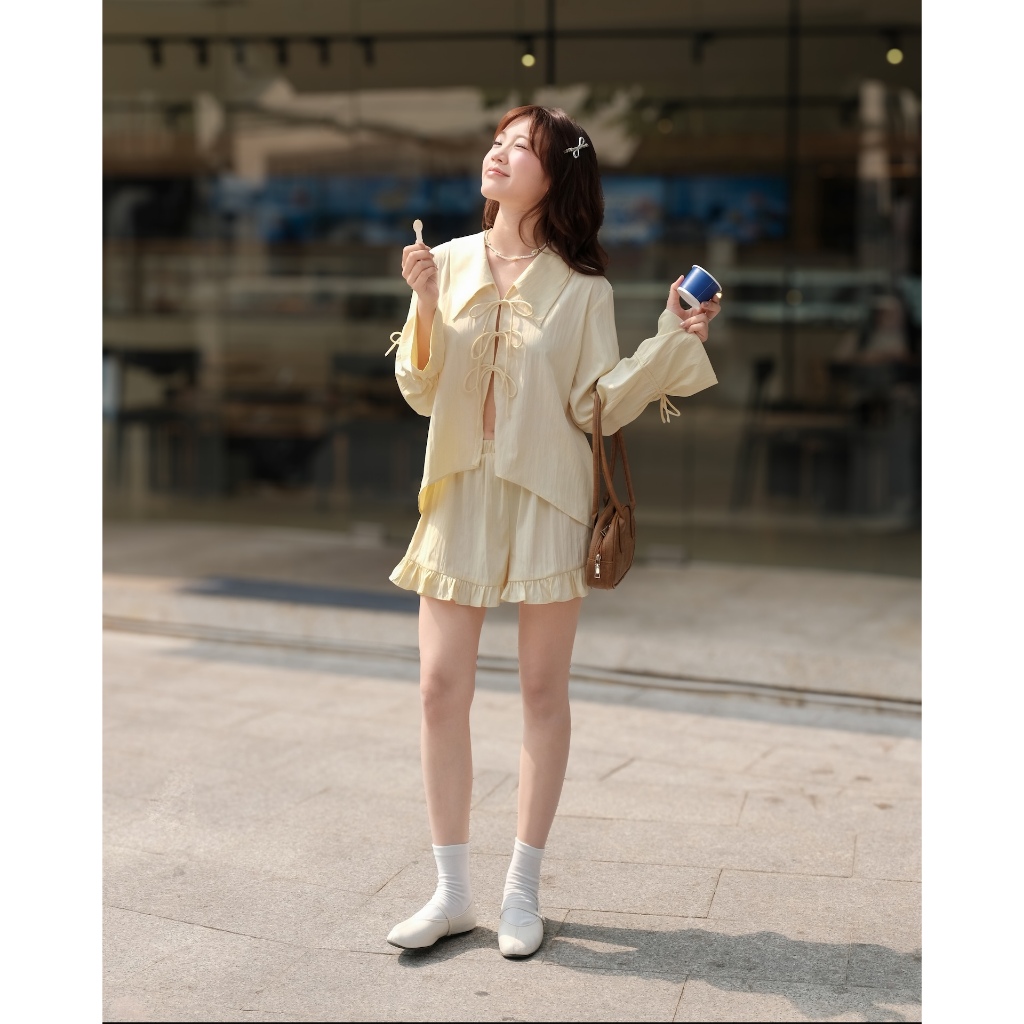Set Nữ CROFFA Áo Sơ Mi Thắt Nơ Phối Quần Dễ Thương Dạo Phố Mùa Hè SECODEE