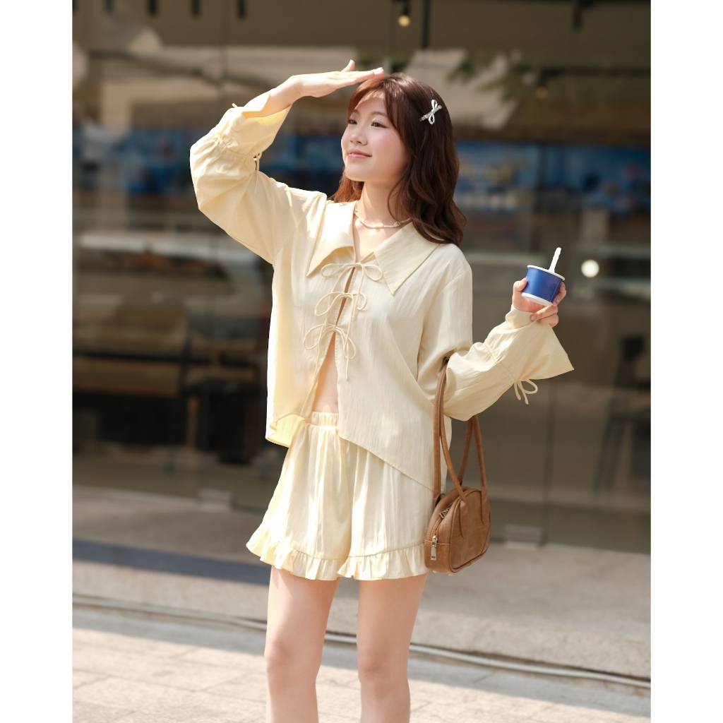 Set Nữ CROFFA Áo Sơ Mi Thắt Nơ Phối Quần Dễ Thương Dạo Phố Mùa Hè SECODEE