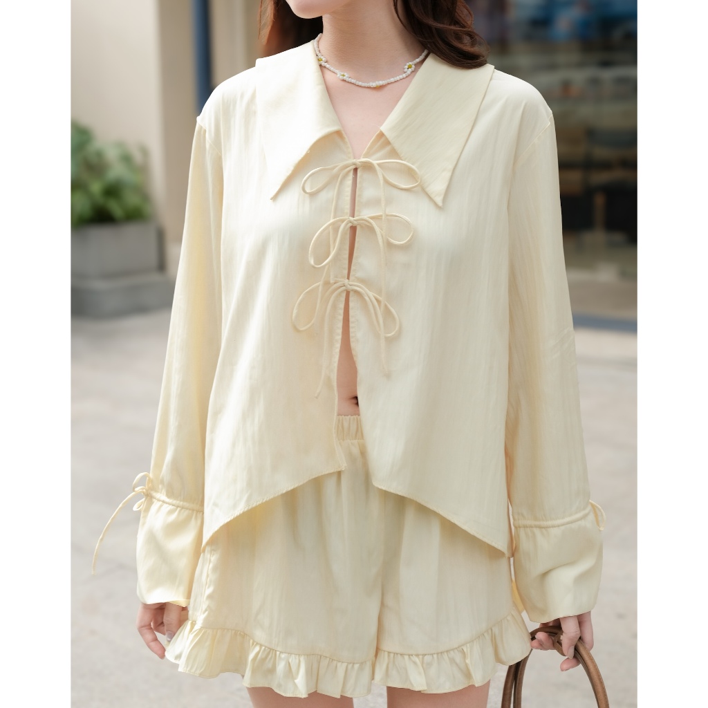 Set Nữ CROFFA Áo Sơ Mi Thắt Nơ Phối Quần Dễ Thương Dạo Phố Mùa Hè SECODEE