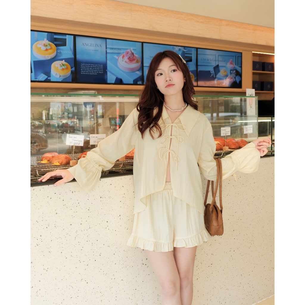 Set Nữ CROFFA Áo Sơ Mi Thắt Nơ Phối Quần Dễ Thương Dạo Phố Mùa Hè SECODEE