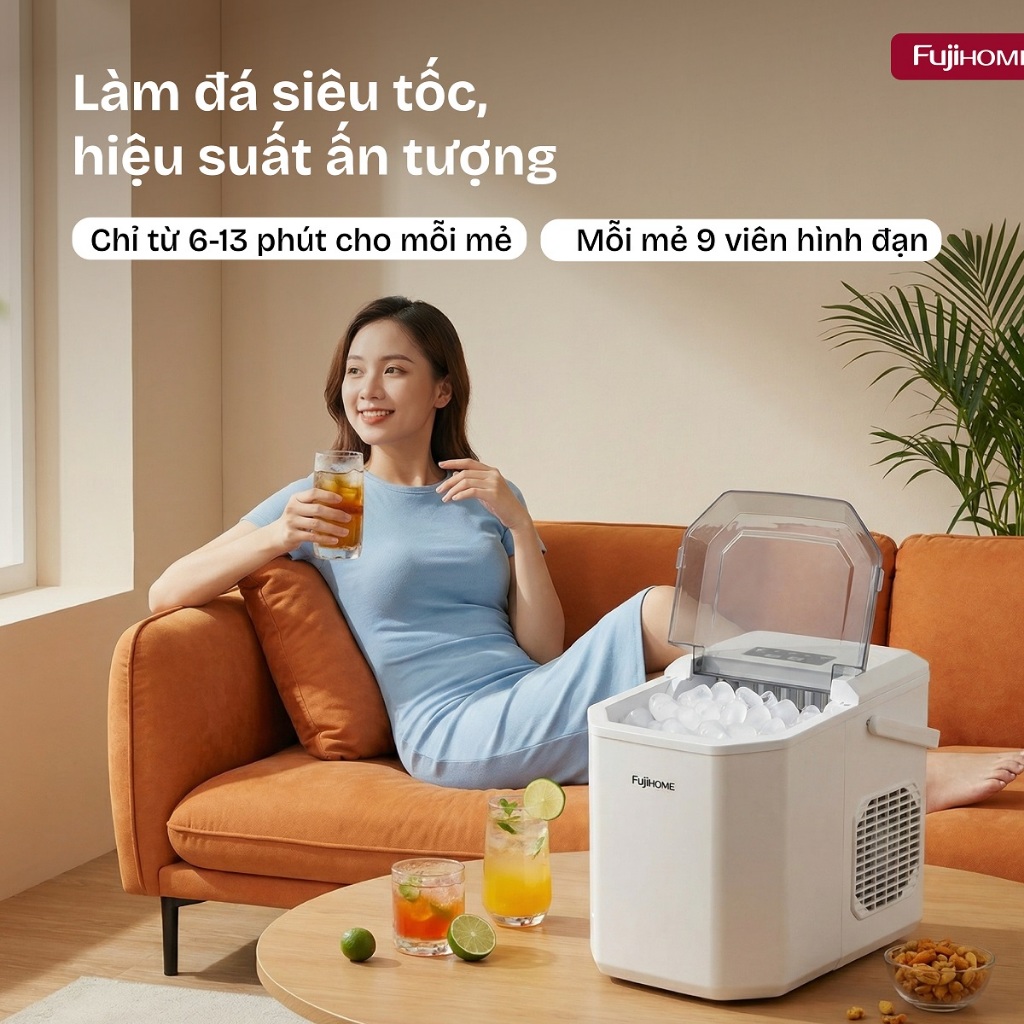 Máy làm đá viên mini nhỏ gọn tự động 12kg/ngày IM12N FUJIHOME, máy làm đá nhanh tròn quán cafe