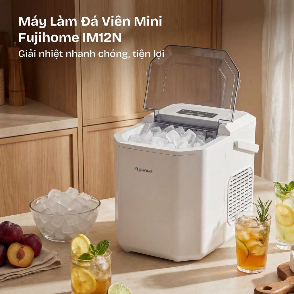 Máy làm đá viên mini nhỏ gọn tự động 12kg/ngày IM12N FUJIHOME, máy làm đá nhanh tròn quán cafe
