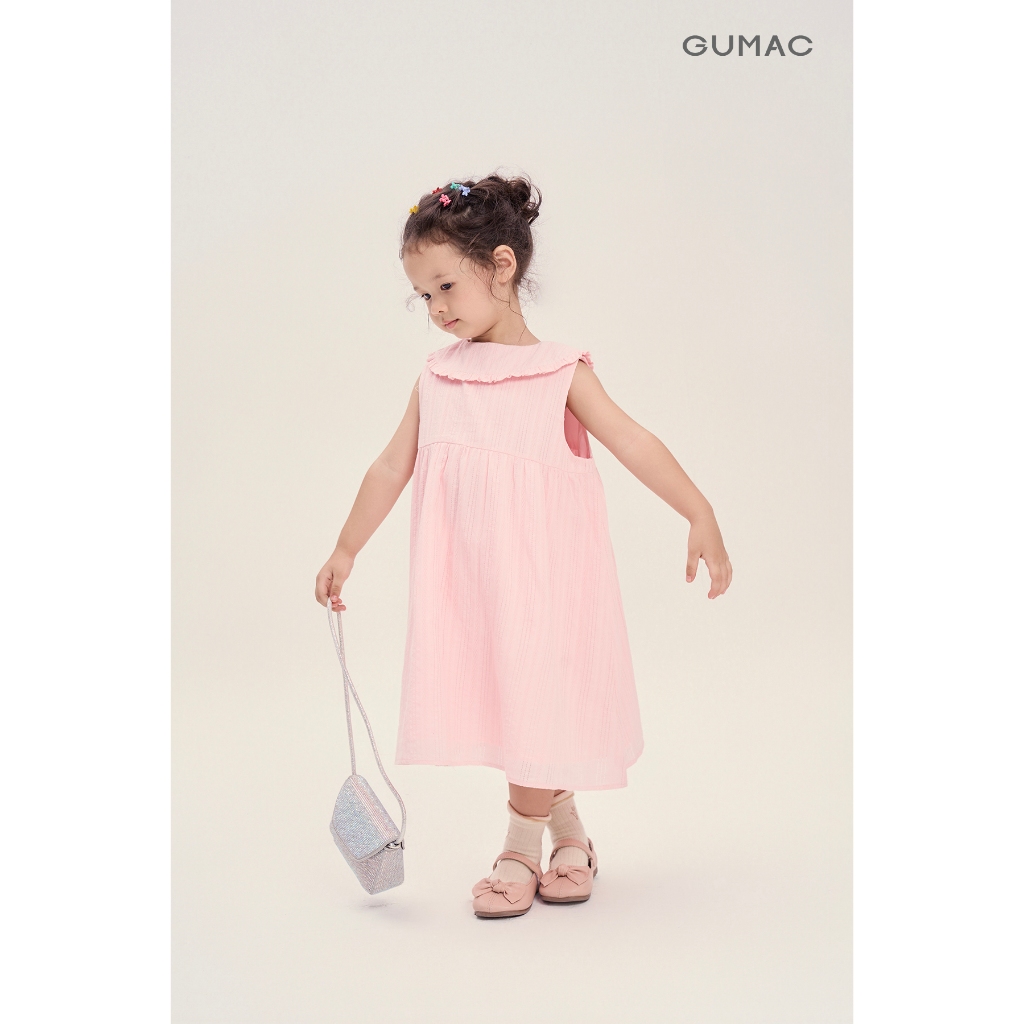 Đầm Bé Gái GUMAC Form A Suông Cổ Cánh Sen Bèo Nhún Vải Xô Thêu Mềm Xinh Xắn DKG04035